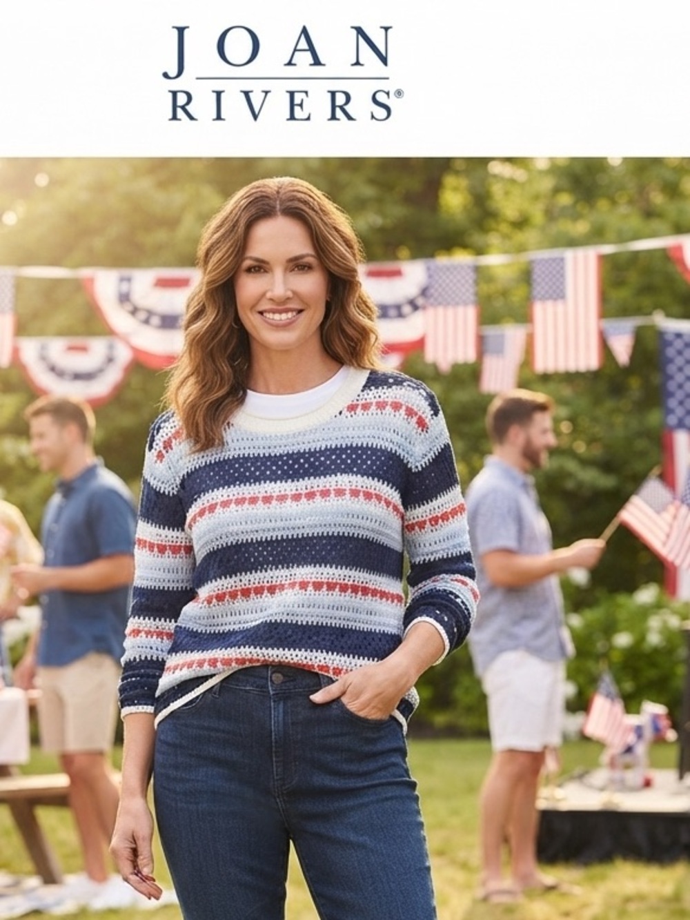 Joan Rivers Navy, White & Red Striped Crochet Crewneck Sweater
